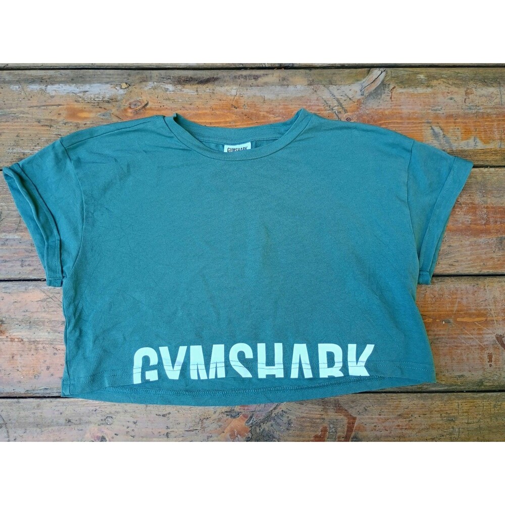 Gymshark Womens Green Cotton Crop Top Graphic Tee Size S Activewear Logo Print